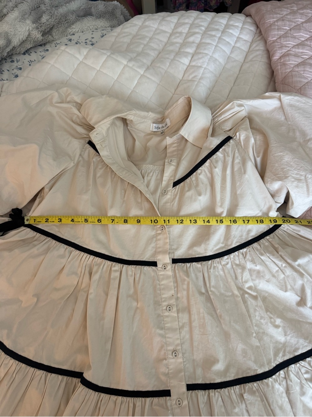 Off-White Tiered Button-Front Dress with Black Trim - Picture 6 of 9